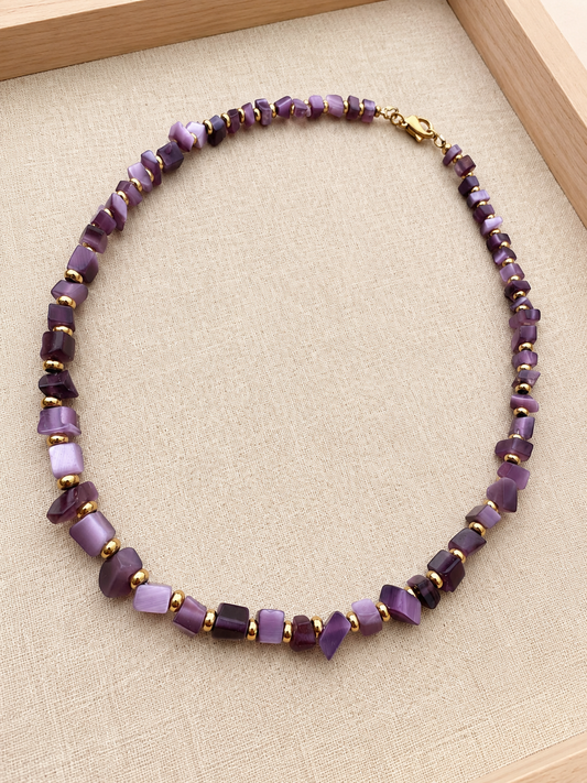 Purple Catโs Eye & Gold Hematite Choker