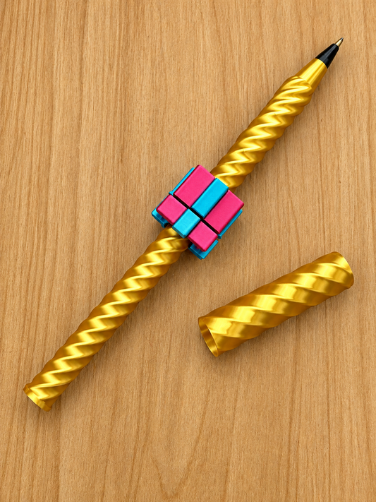 3D Printed Gold Spiral Pen with Fidget Cube