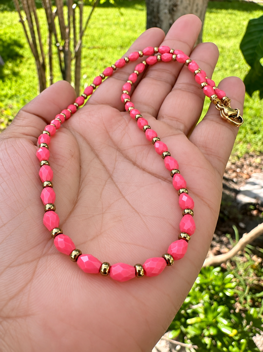 Coral Pink & Gold Faceted Beaded Necklace