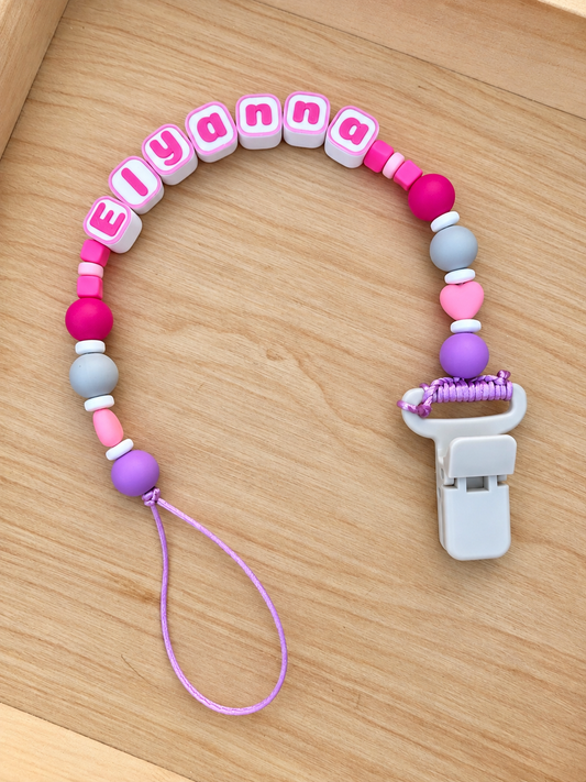 Personalized Baby Name Pacifier Clip – Pink & Purple 💕💜