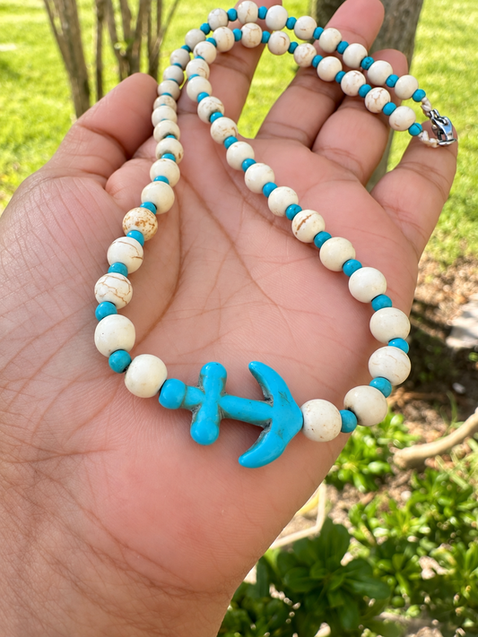 Coastal Anchor Beaded Necklace – Turquoise & Ivory