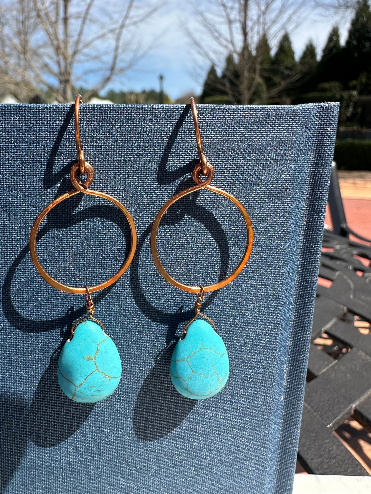 Copper circle turquoise teardrop earrings