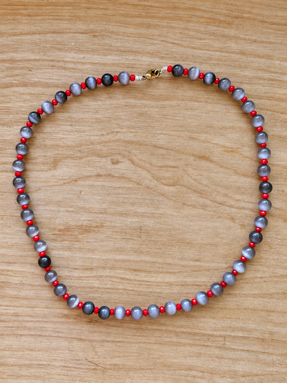 Handmade Gray Cat’s Eye Beaded Necklace with Red Crystal Accents