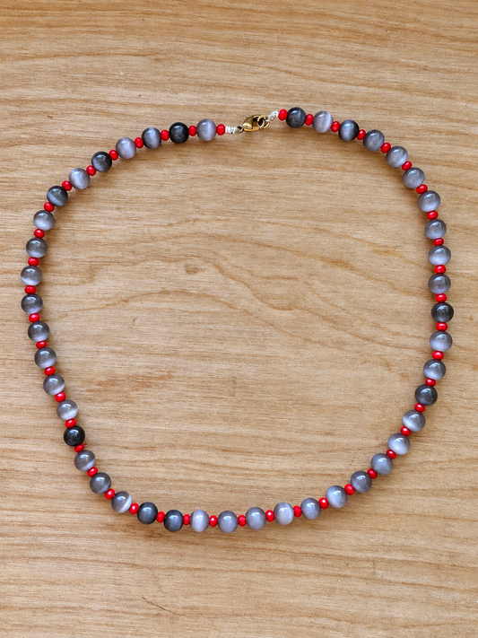 Handmade Gray Cat’s Eye Beaded Necklace with Red Crystal Accents