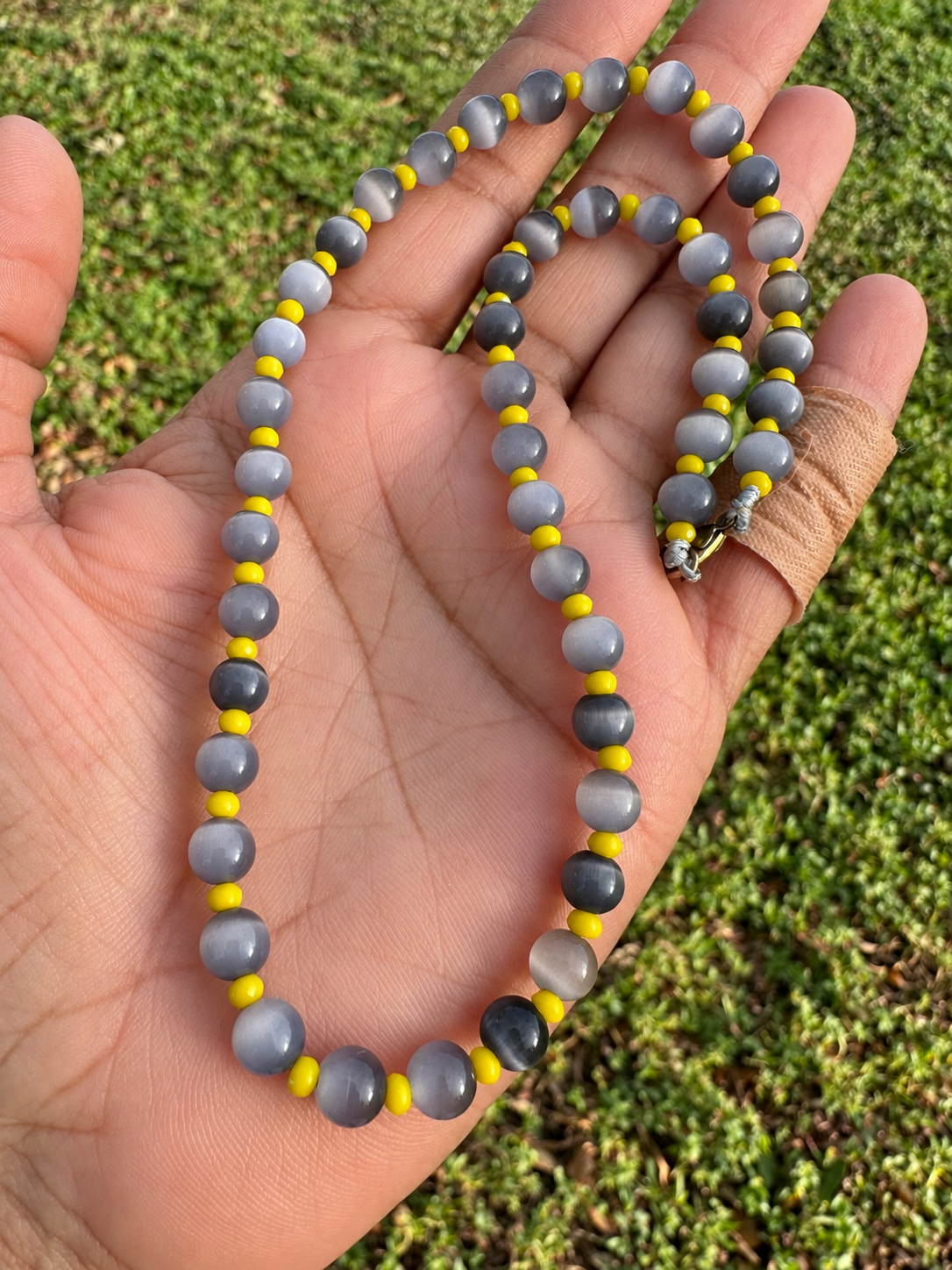 Handmade Gray Cat’s Eye Beaded Necklace with Yellow Accents