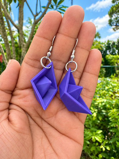 Purple Paper Ship Earrings – 3D Printed Origami Boat Dangle Earrings