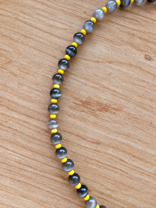 Handmade Gray Cat’s Eye Beaded Necklace with Yellow Accents