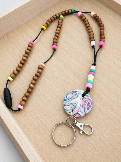 Handmade Colorful Polymer Clay & Wooden Bead Breakaway Teacher Lanyard