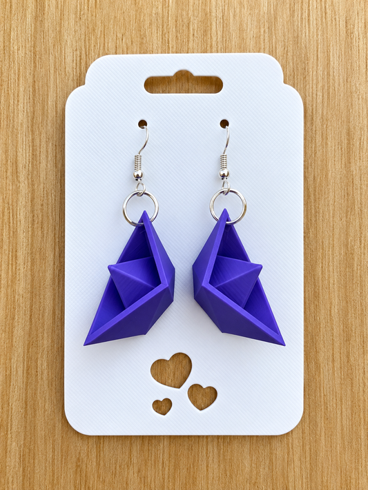 Purple Paper Ship Earrings – 3D Printed Origami Boat Dangle Earrings