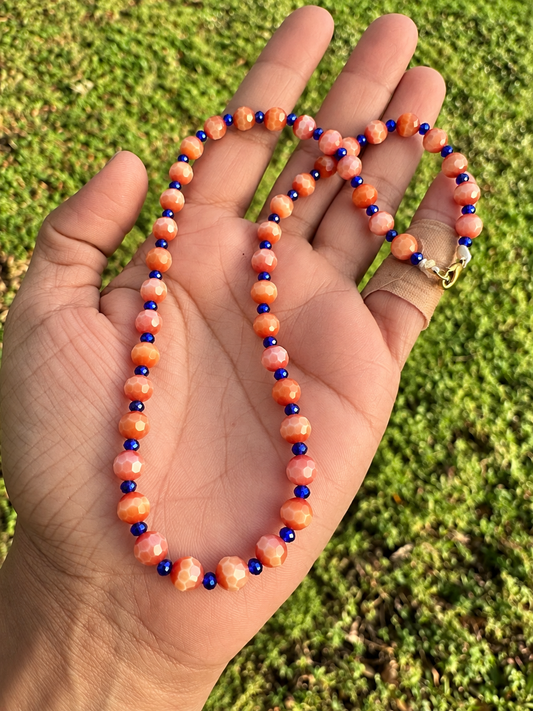 Handmade Coral Orange Beaded Necklace with Royal Blue Accents