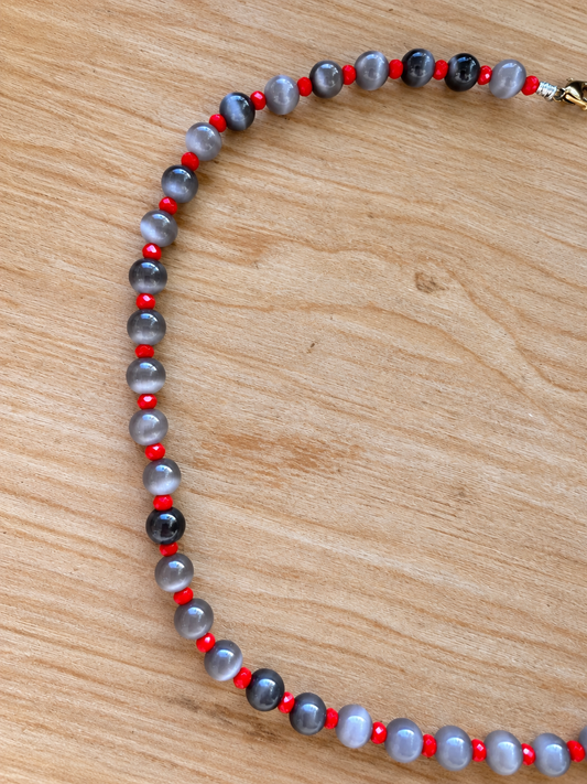 Handmade Gray Cat’s Eye Beaded Necklace with Red Crystal Accents