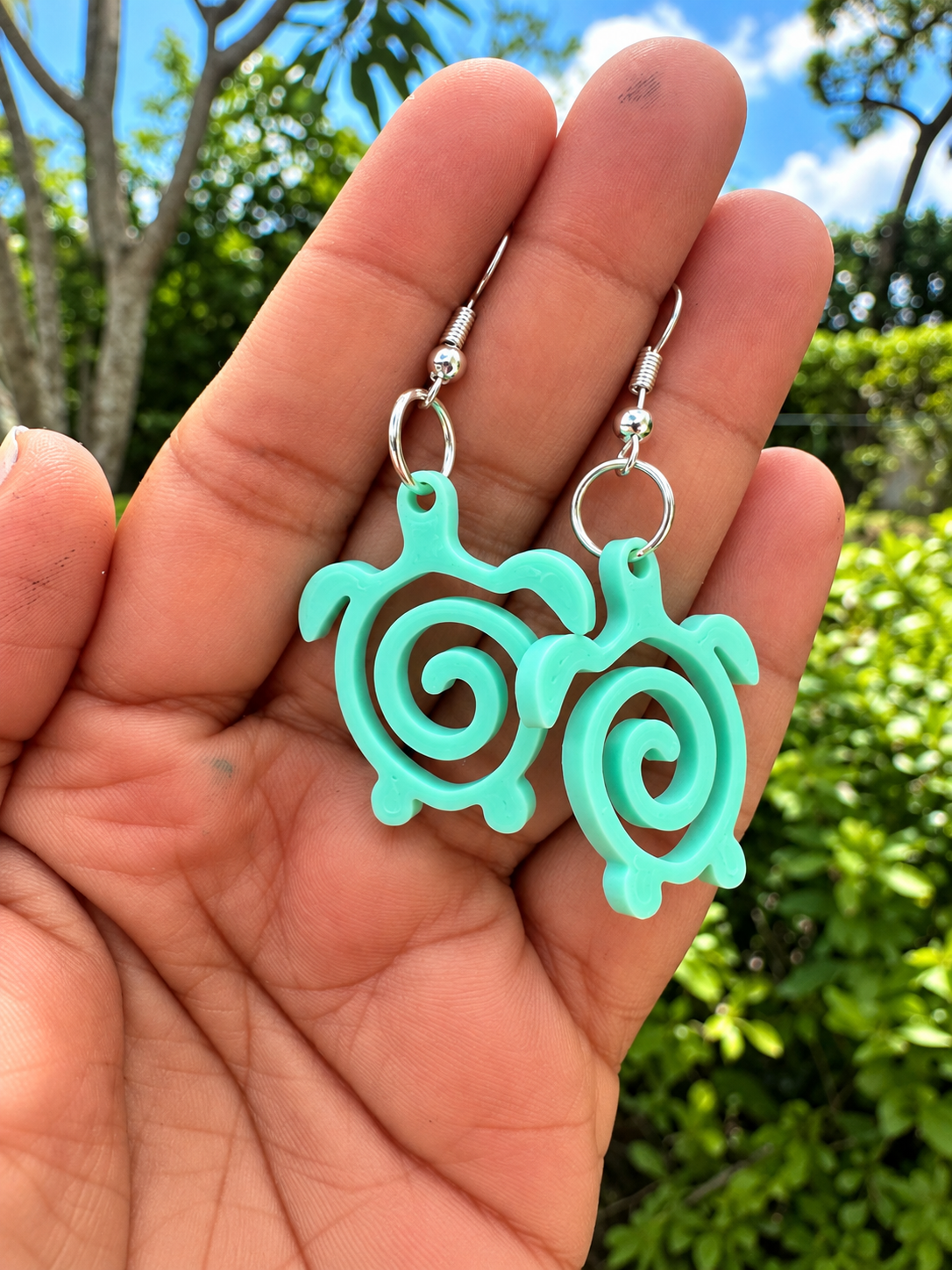 Mint Green Sea Turtle Earrings – 3D Printed Spiral Turtle Dangle Earrings