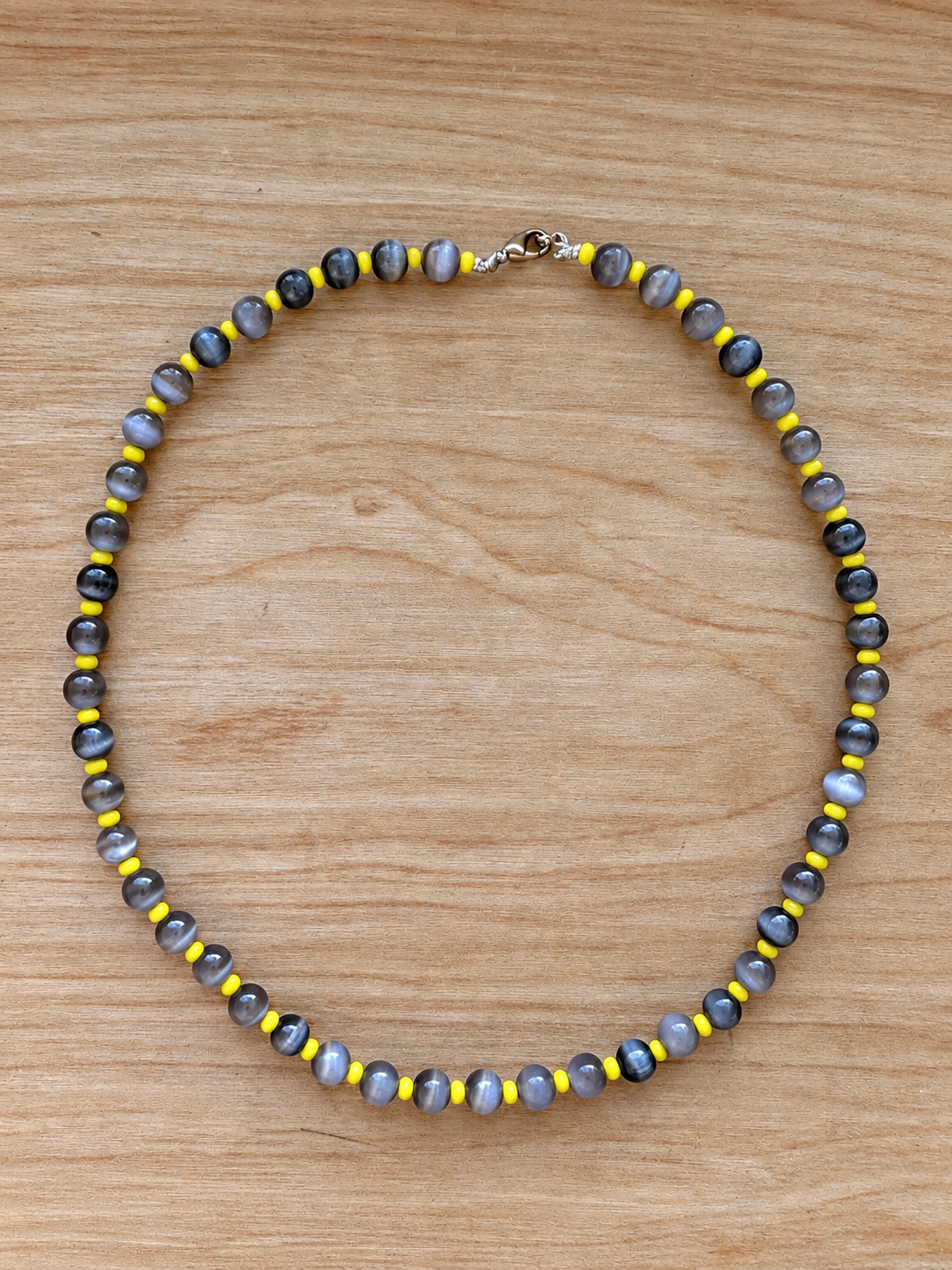 Handmade Gray Cat’s Eye Beaded Necklace with Yellow Accents