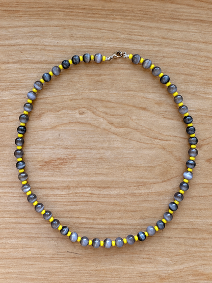 Handmade Gray Cat’s Eye Beaded Necklace with Yellow Accents