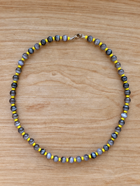 Handmade Gray Cat’s Eye Beaded Necklace with Yellow Accents