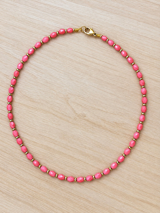 Coral Pink & Gold Faceted Beaded Necklace