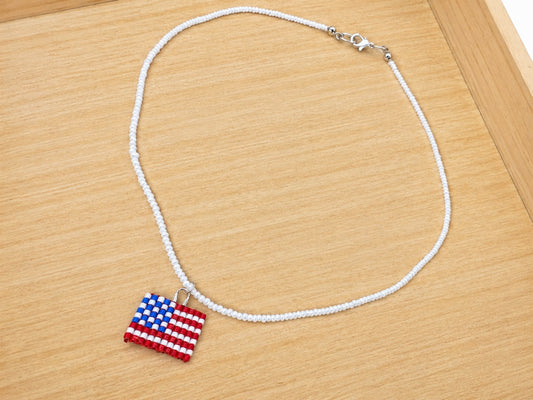 USA flag Seed Bead  Necklace