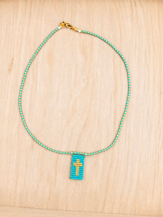 Turquoise Grace – Gold Cross Beaded Necklace