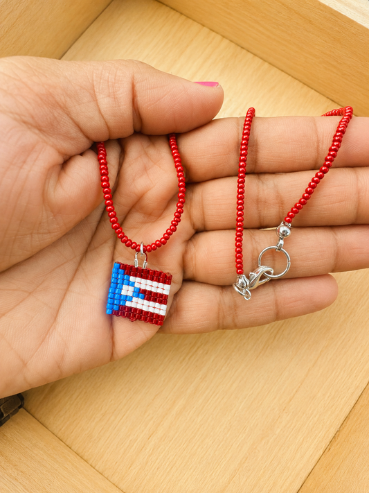 Puerto Rico Flag Seed Bead Necklace
