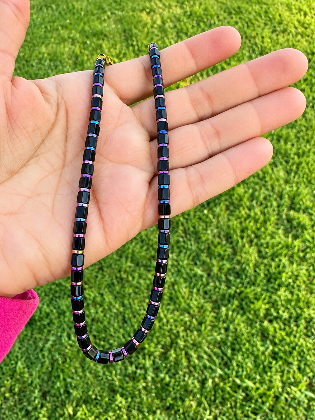 Handmade Black Glass Beaded Necklace with Colorful Hematite Spacers