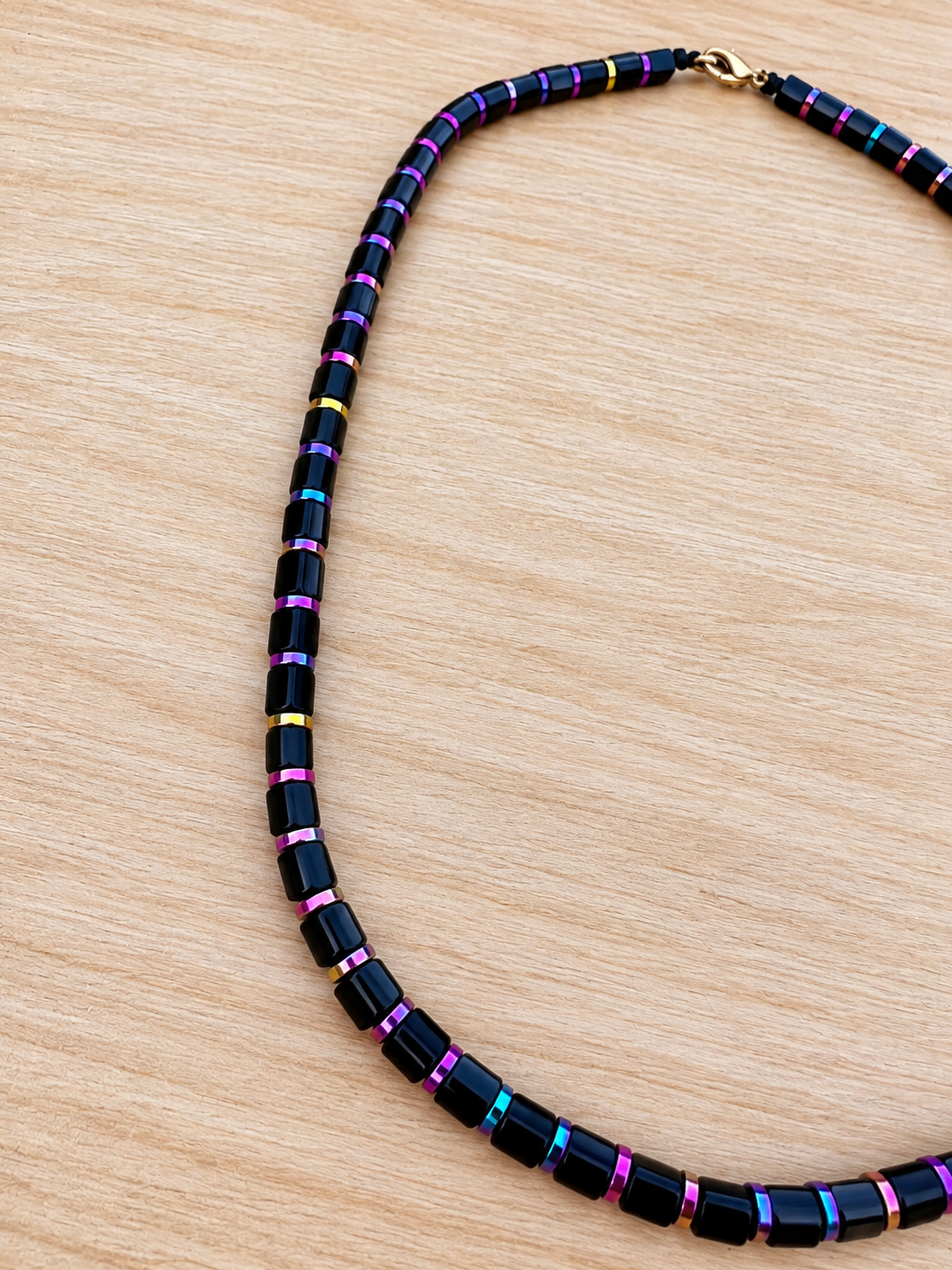 Handmade Black Glass Beaded Necklace with Colorful Hematite Spacers