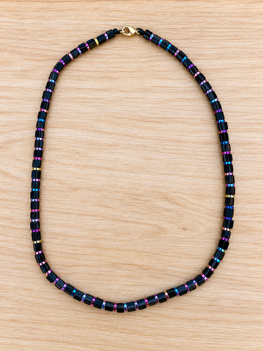 Handmade Black Glass Beaded Necklace with Colorful Hematite Spacers