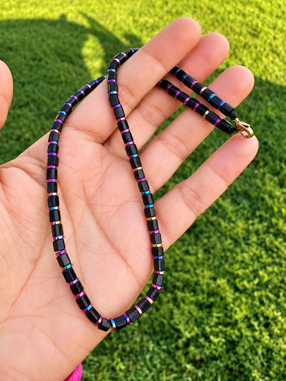Handmade Black Glass Beaded Necklace with Colorful Hematite Spacers