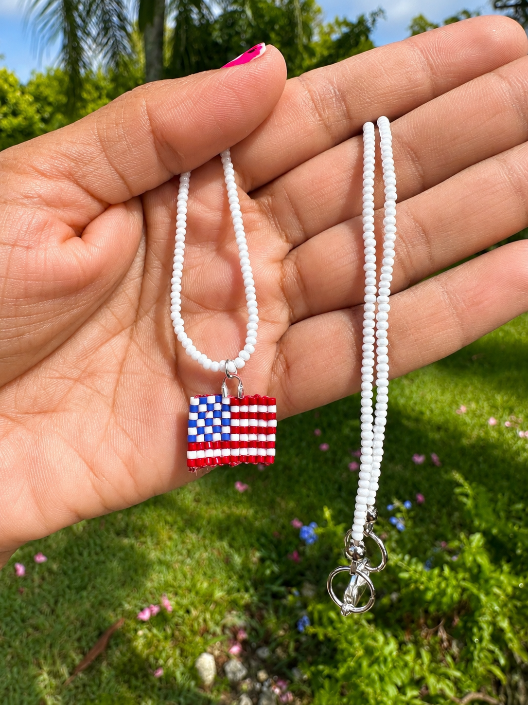 USA flag Seed Bead  Necklace