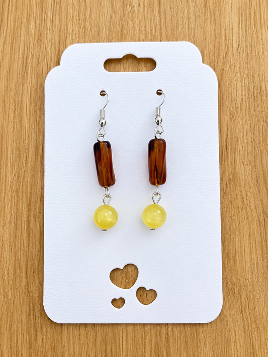 Handmade Amber Brown & Yellow Beaded Dangle Earrings