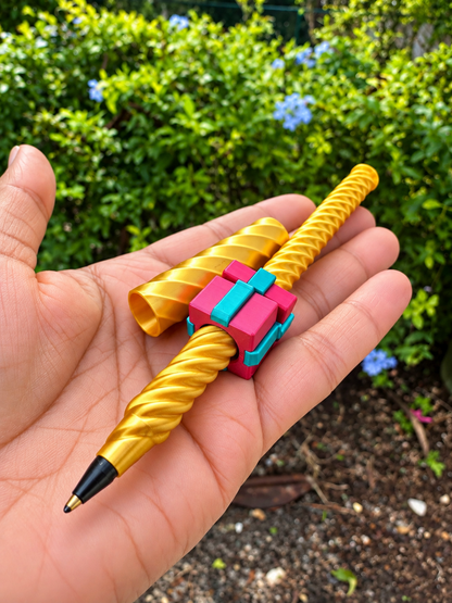 3D Printed Gold Spiral Pen with Fidget Cube