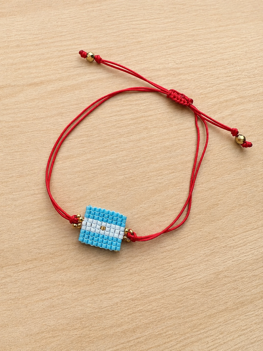 Handmade Argentina Flag Beaded Bracelet – Adjustable Red Cord Friendship Bracelet
