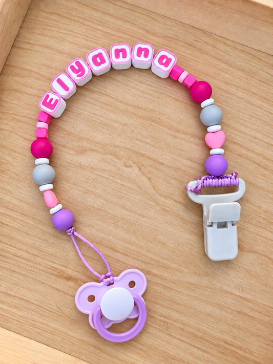 Personalized Baby Name Pacifier Clip – Pink & Purple 💕💜