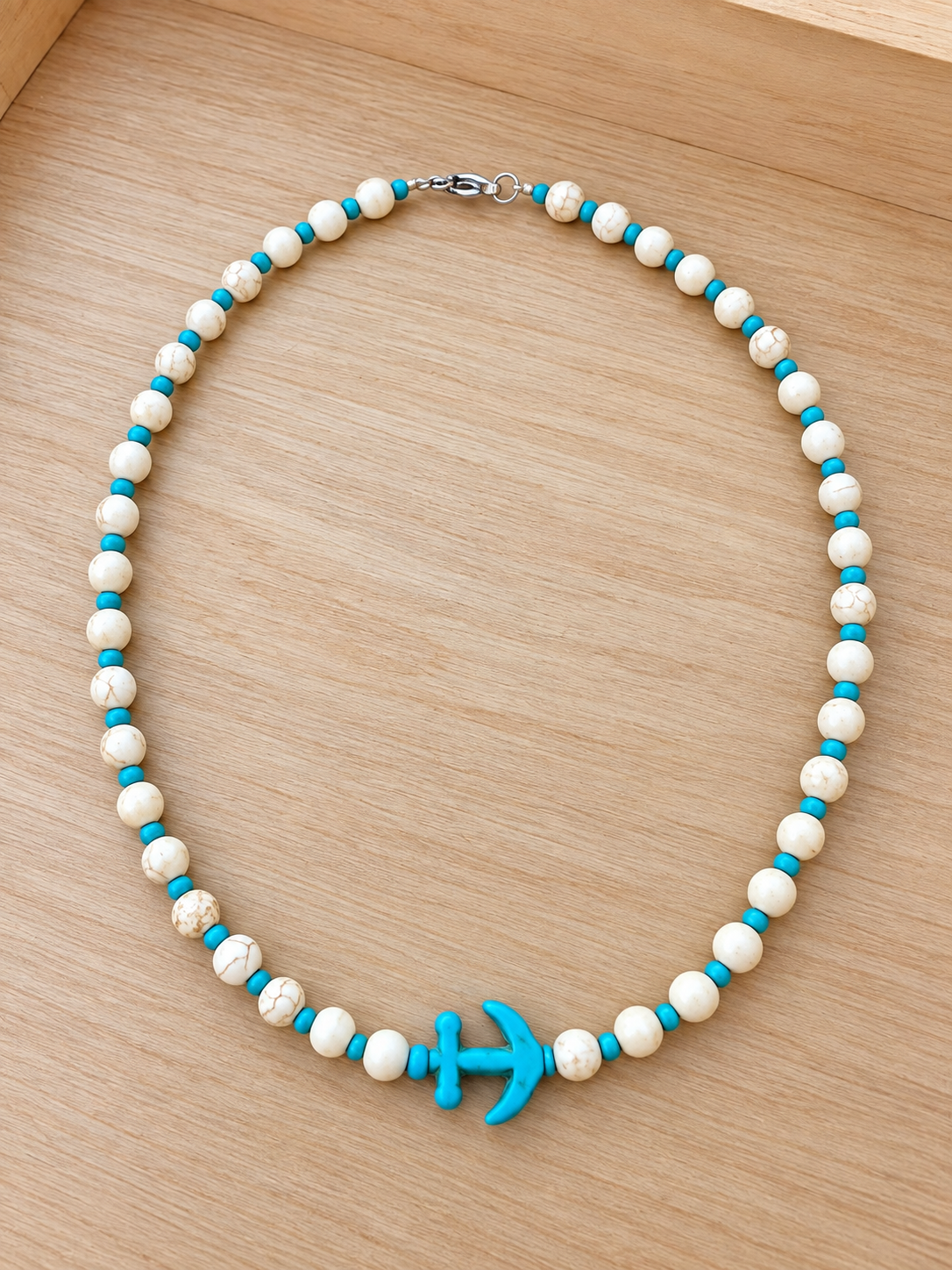 Coastal Anchor Beaded Necklace – Turquoise & Ivory