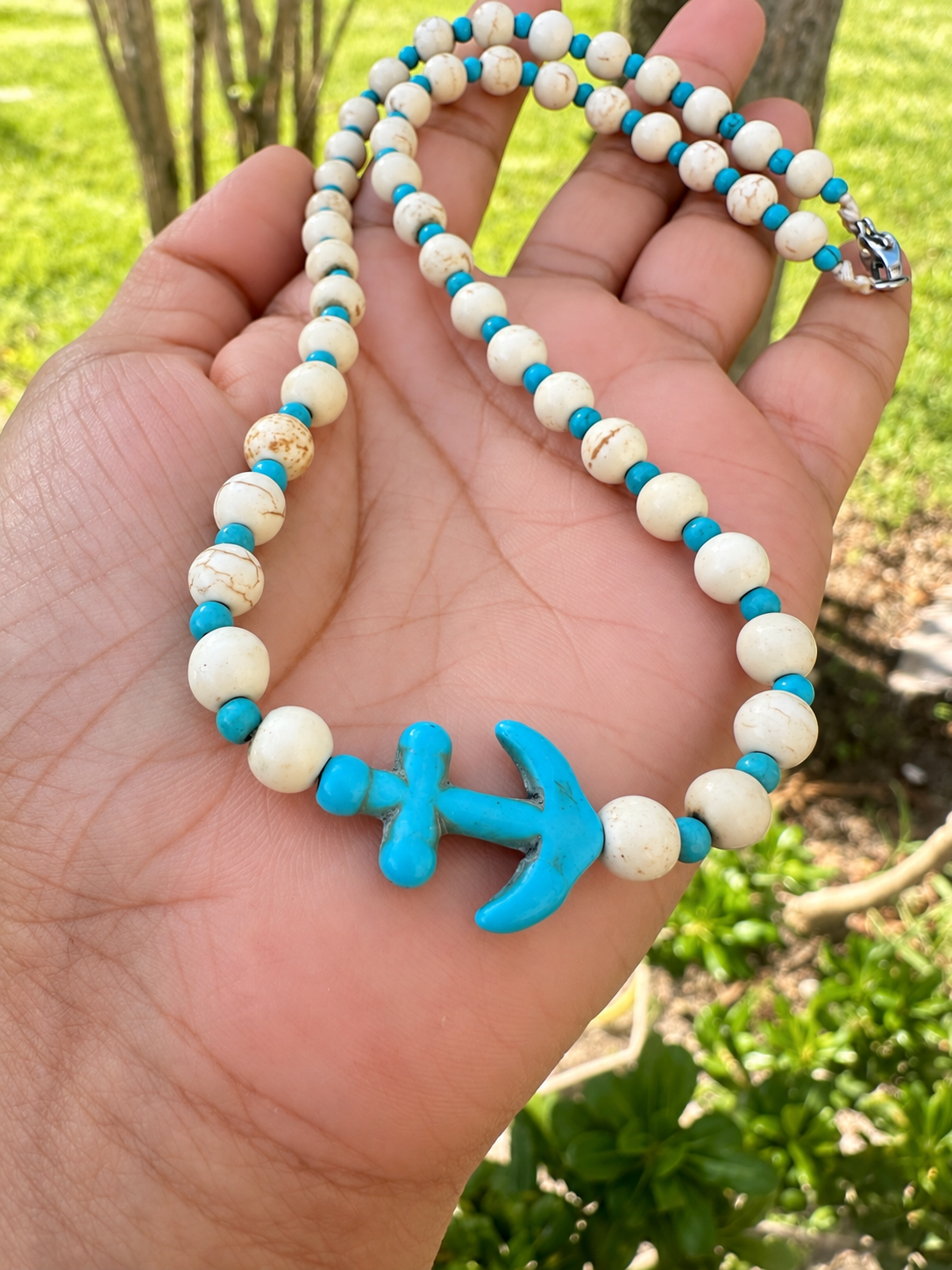 Coastal Anchor Beaded Necklace – Turquoise & Ivory