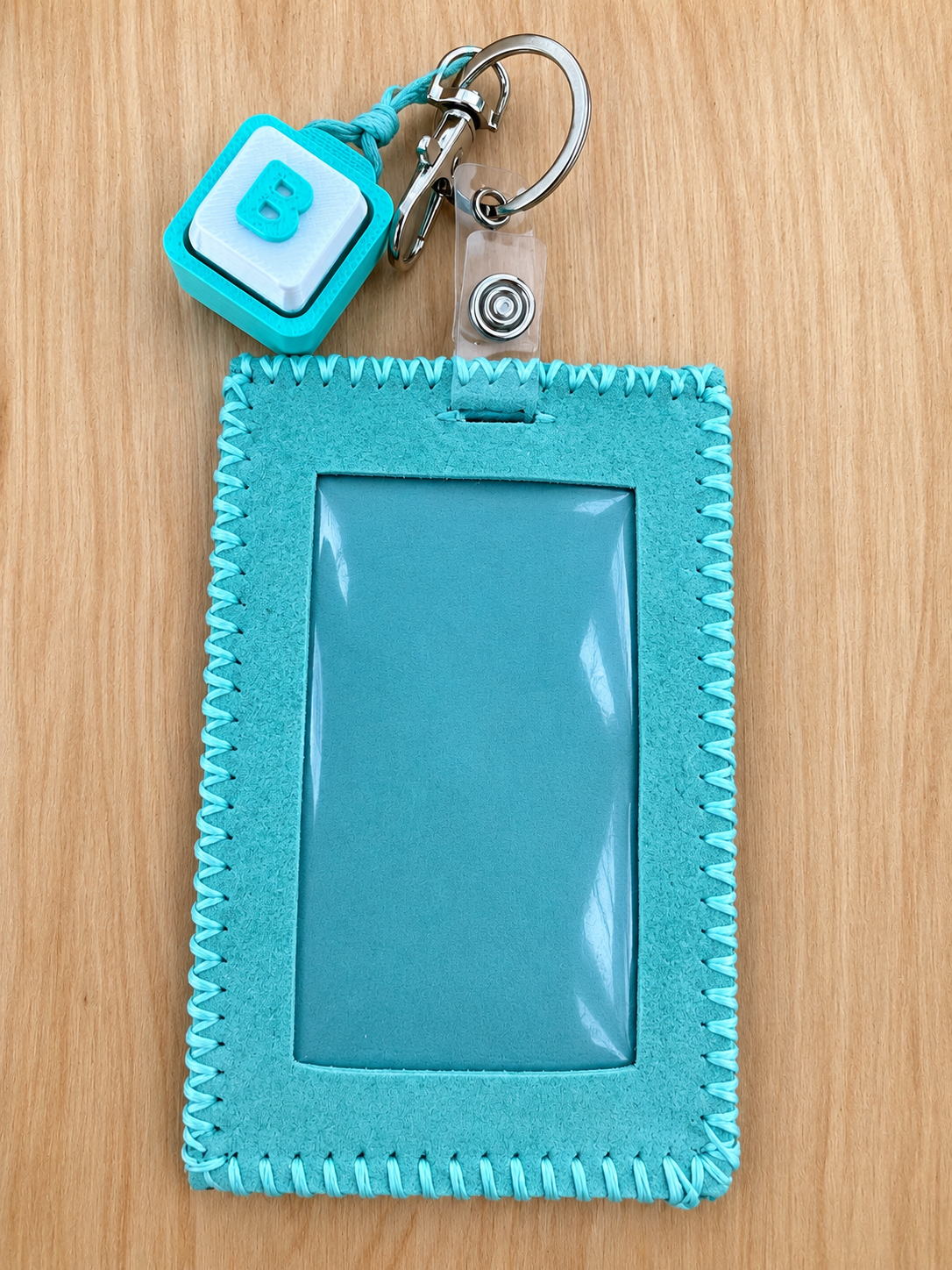 Handmade Turquoise Leather ID Badge Holder with Personalized Clicker