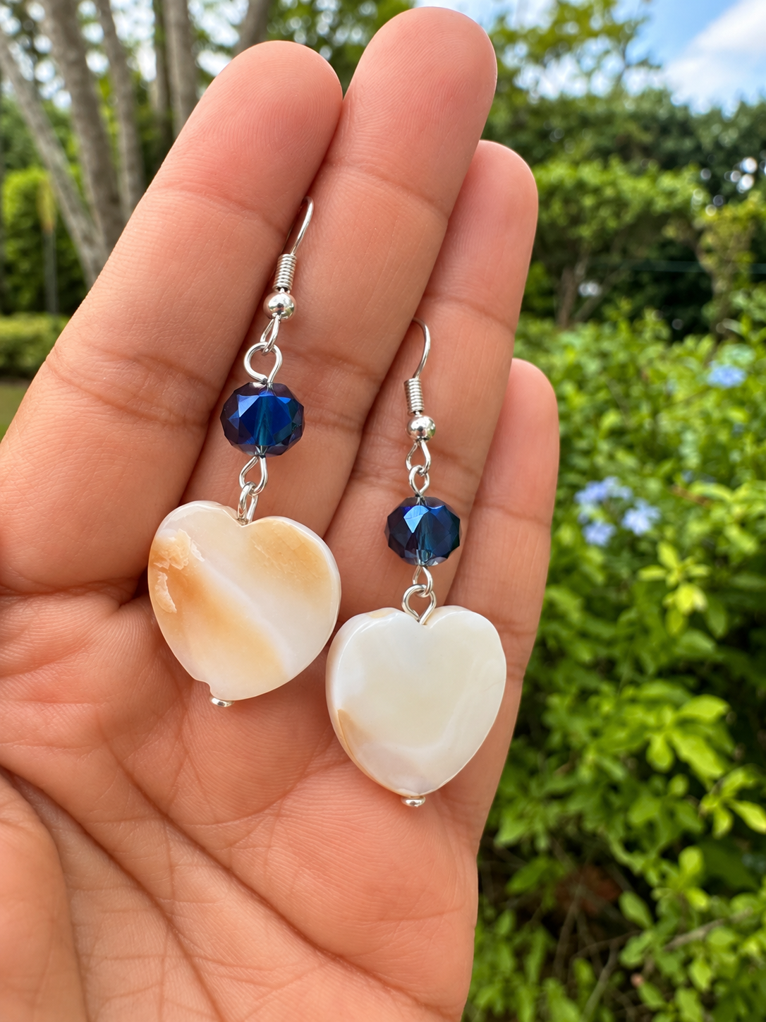 💙 Midnight Blue Crystal & Mother-of-Pearl Heart Earrings