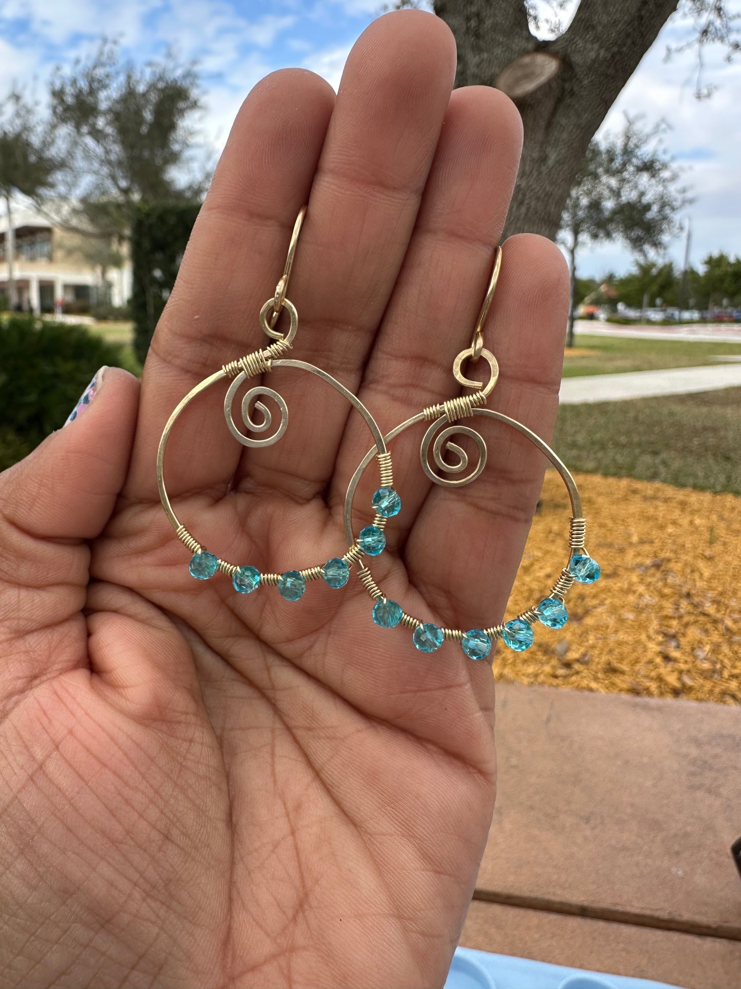 Brass + blue crystal circle earrings
