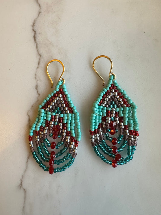 Brass+ teal,red earrings
