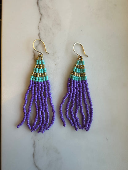 Brass+ teal, purple earrings