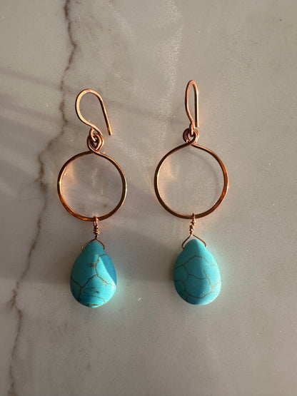 Copper circle turquoise teardrop earrings
