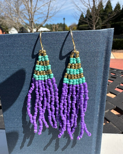 Brass+ teal, purple earrings