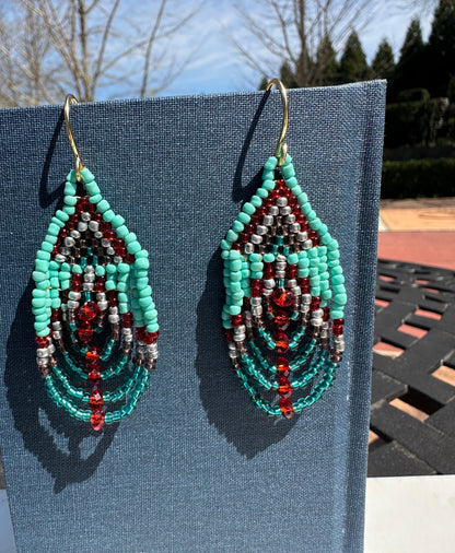 Brass+ teal,red earrings