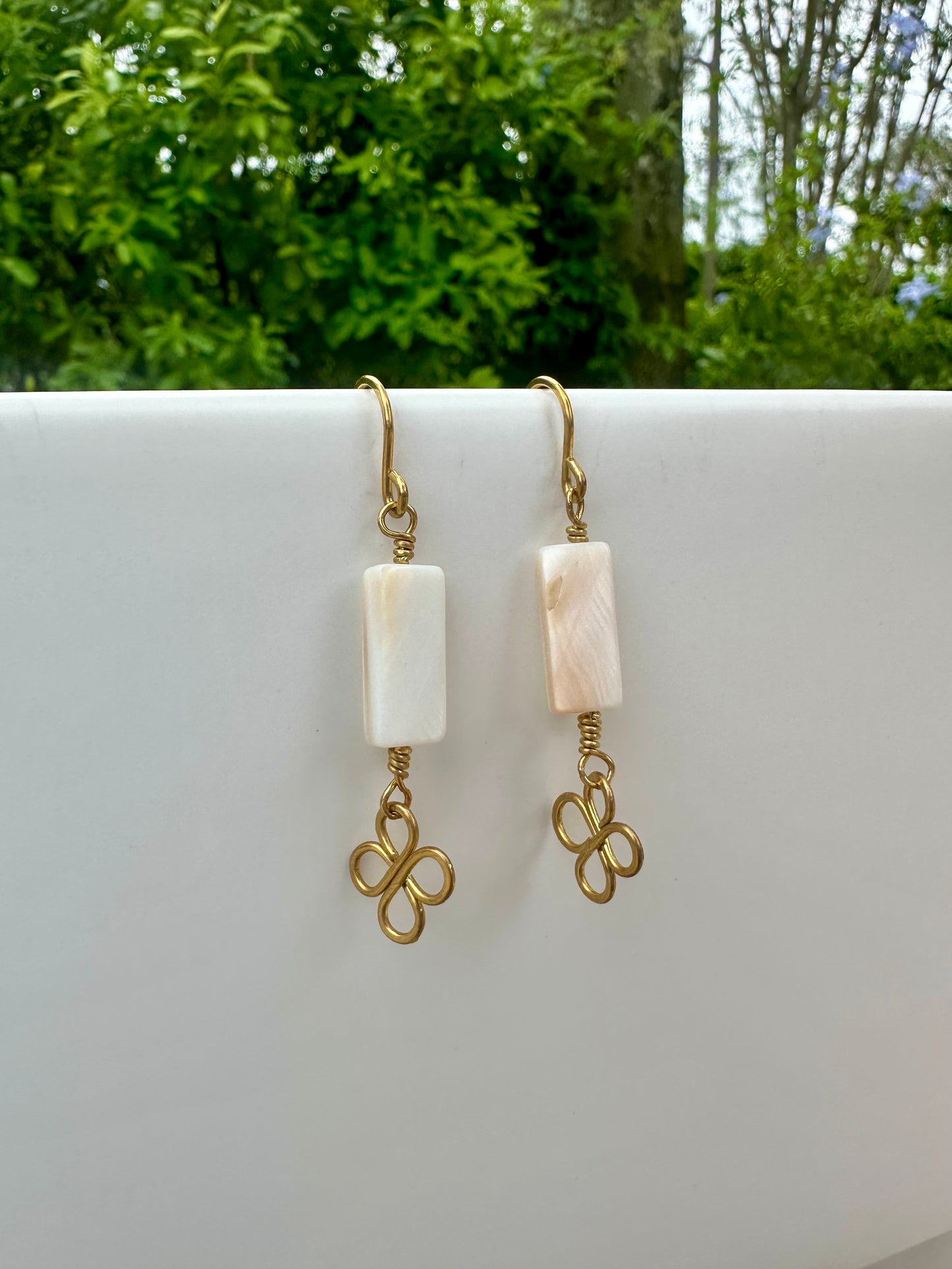 Brass clover shell earrings