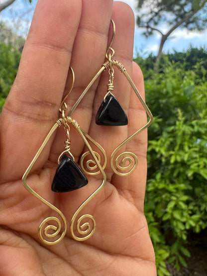 Brass diamond onyx earrings