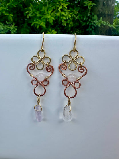mix copper and brass clover swirl earrings