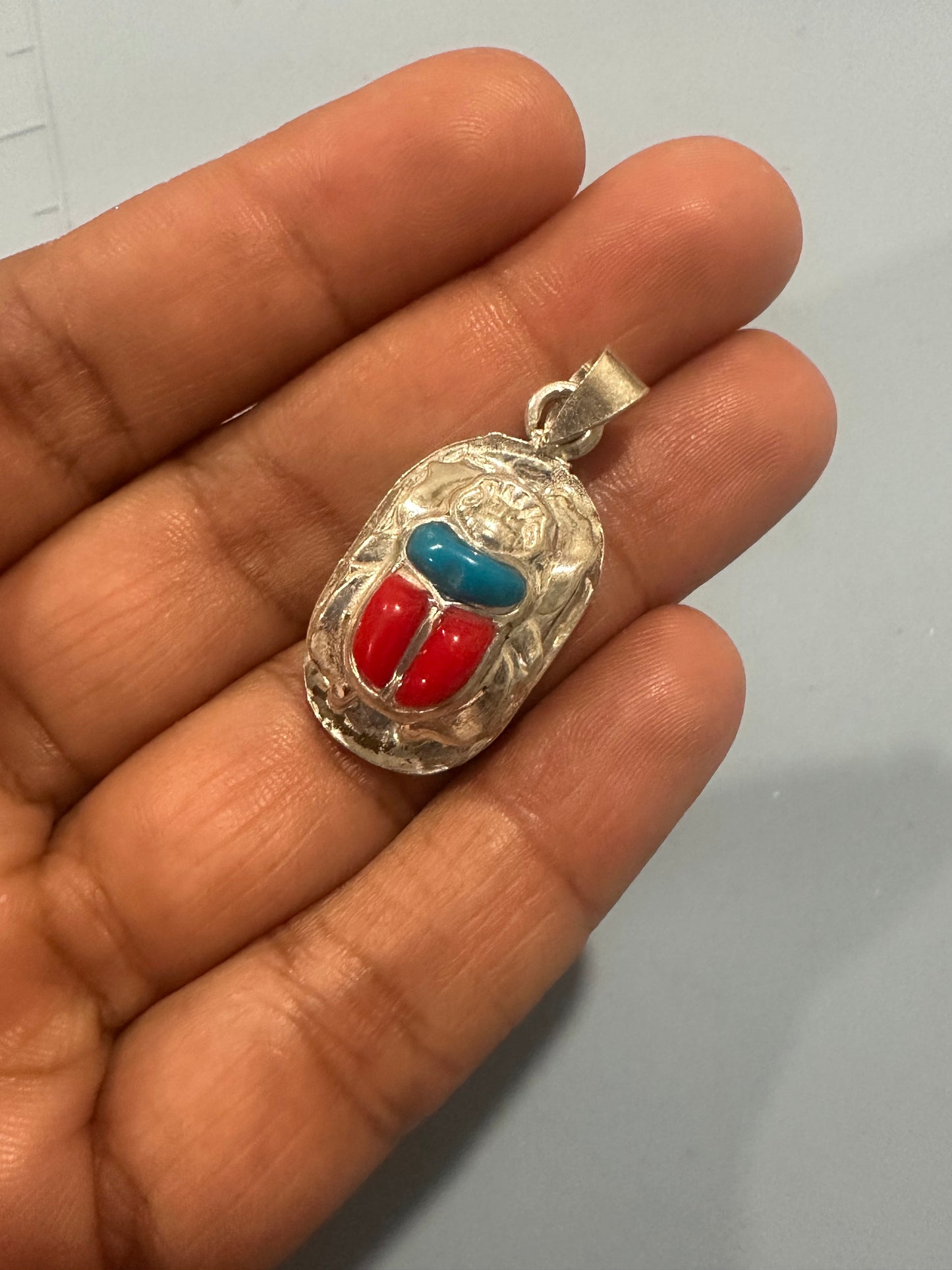 Scarab Beetle Red and Turquoise Pendant Large