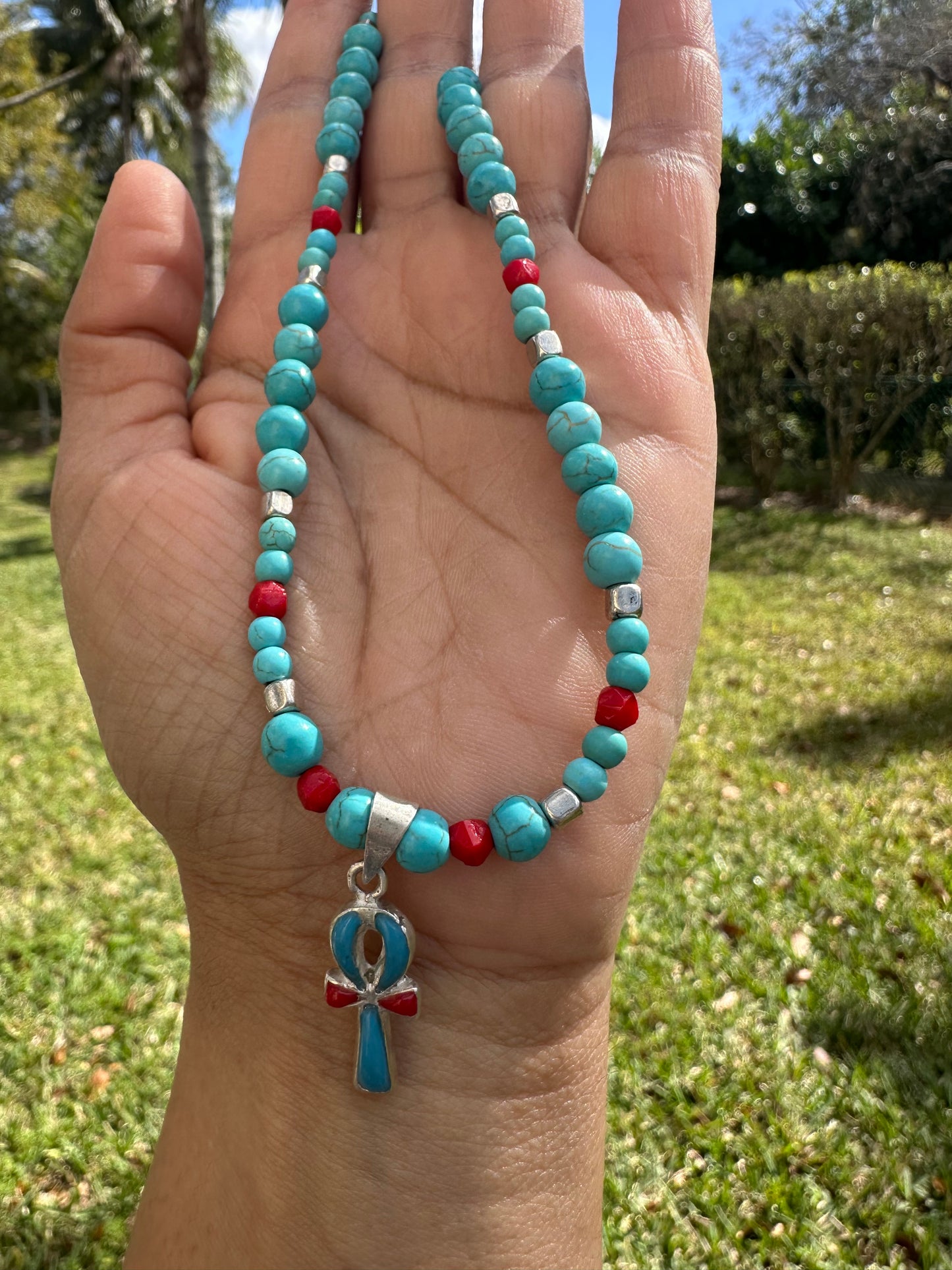 Ankh turquoise and red necklace