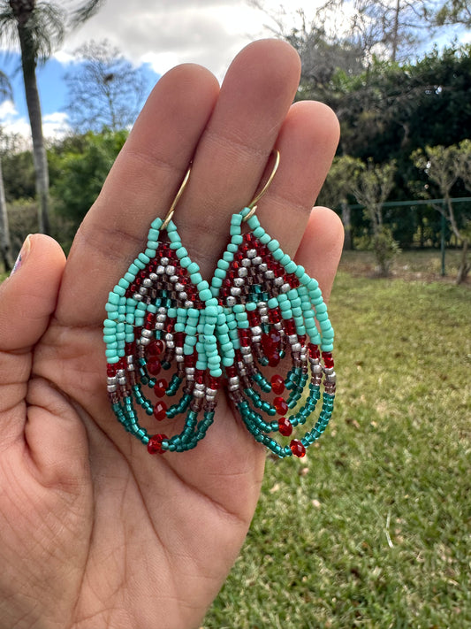Brass+ teal,red earrings