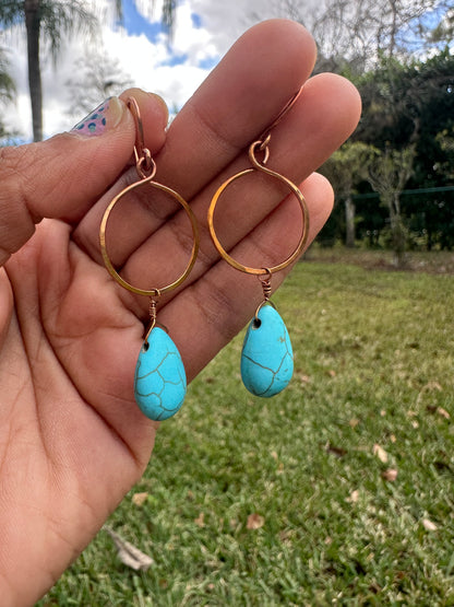 Copper circle turquoise teardrop earrings