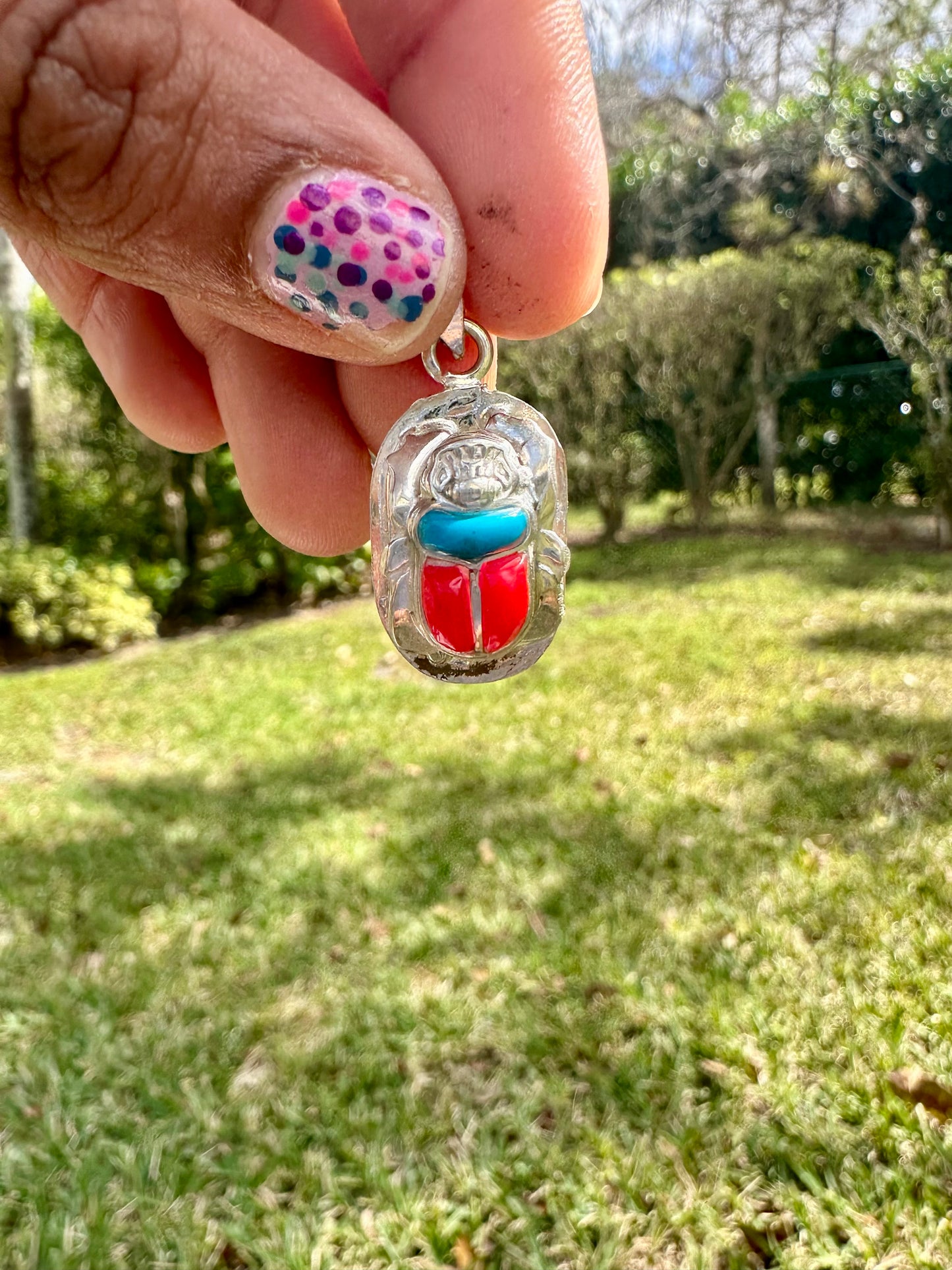 Scarab Beetle Red and Turquoise Pendant Large
